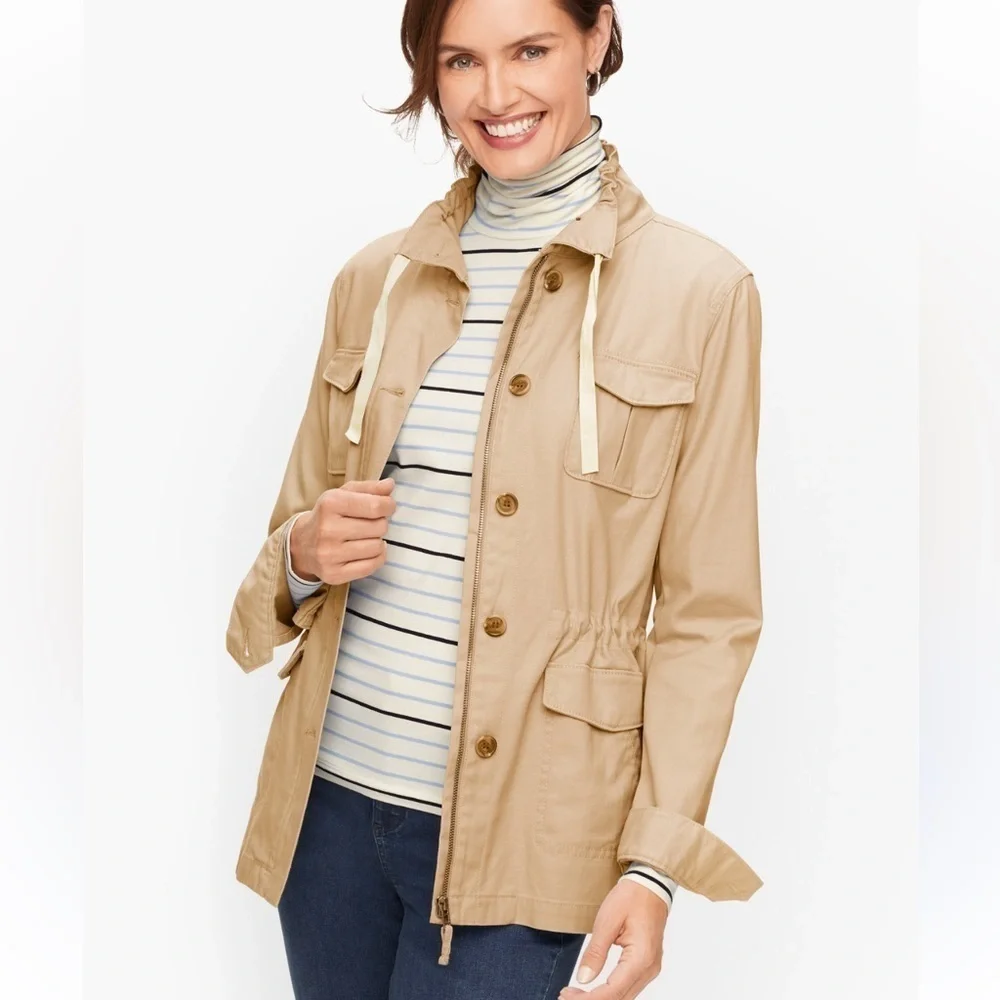 Talbots Beige Twill Field Long Sleeve Zip and Button Jacket Size Sz XS